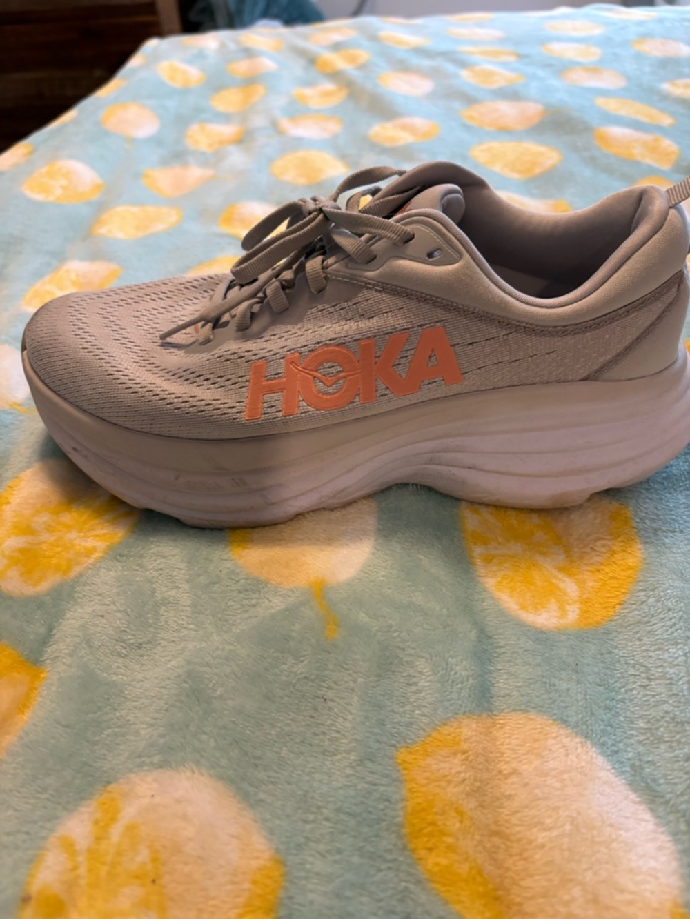 Hoka Light Gray BONDI 8 with Coral Logo